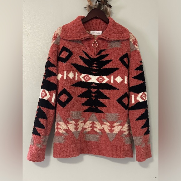 Wanna B Coral Aztec Mock Neck 3/4 Zip Pullover Sweater Women’s Size L Cozy Fall - Picture 2 of 12